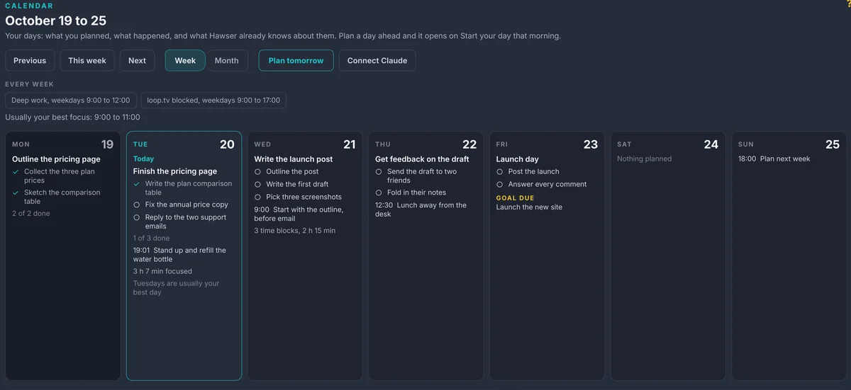 The Calendar's week view: a mission and tasks planned on each weekday, a reminder, an alarm and time blocks on their days, a goal due on Friday, and an every week line with a Deep work schedule and the best focus hours.