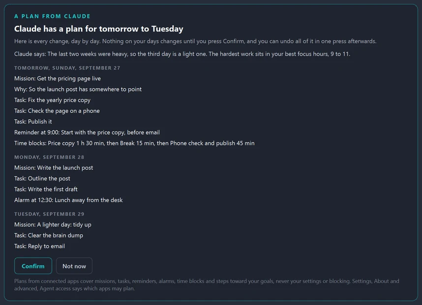 A plan from Claude on Hawser's Calendar, for tomorrow to Tuesday: a mission and tasks for each day, a reminder, an alarm and time blocks, with Confirm and Not now buttons.