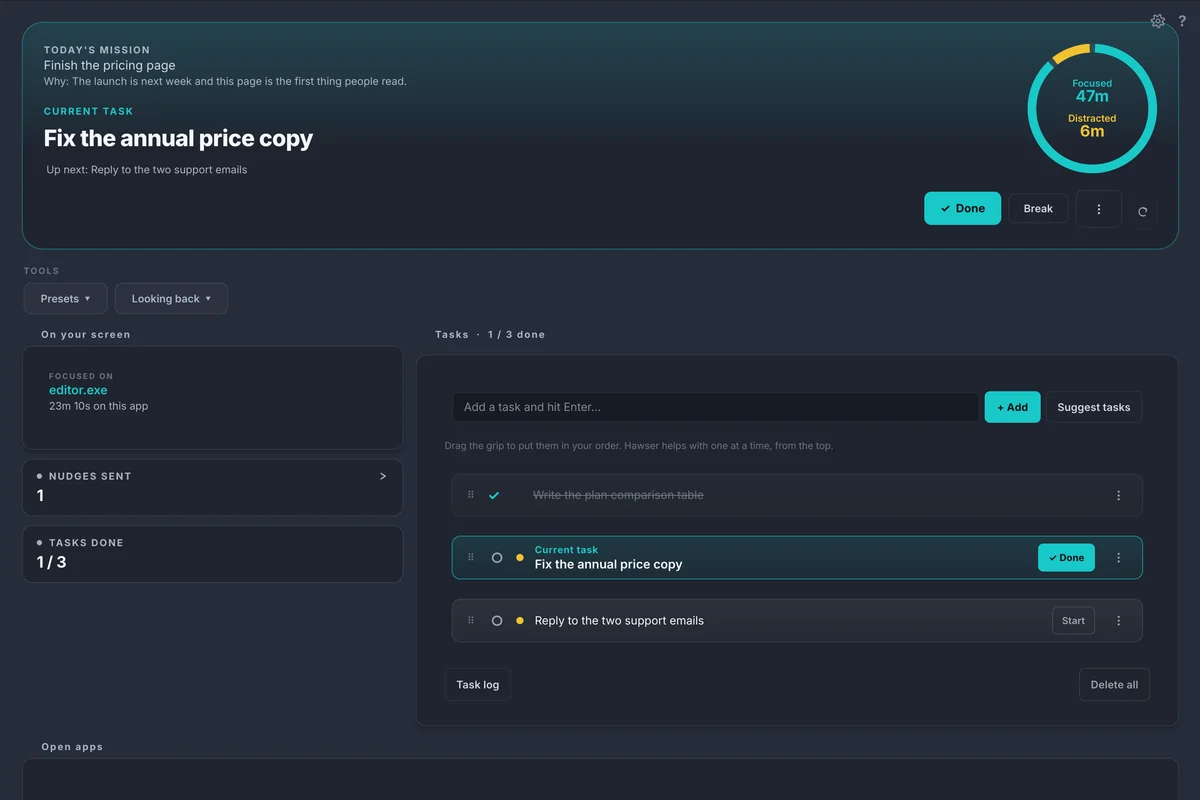 The Today tab: the mission, Finish the pricing page, over the current task, Fix the annual price copy, with what is up next, and the task list below it with one task done.