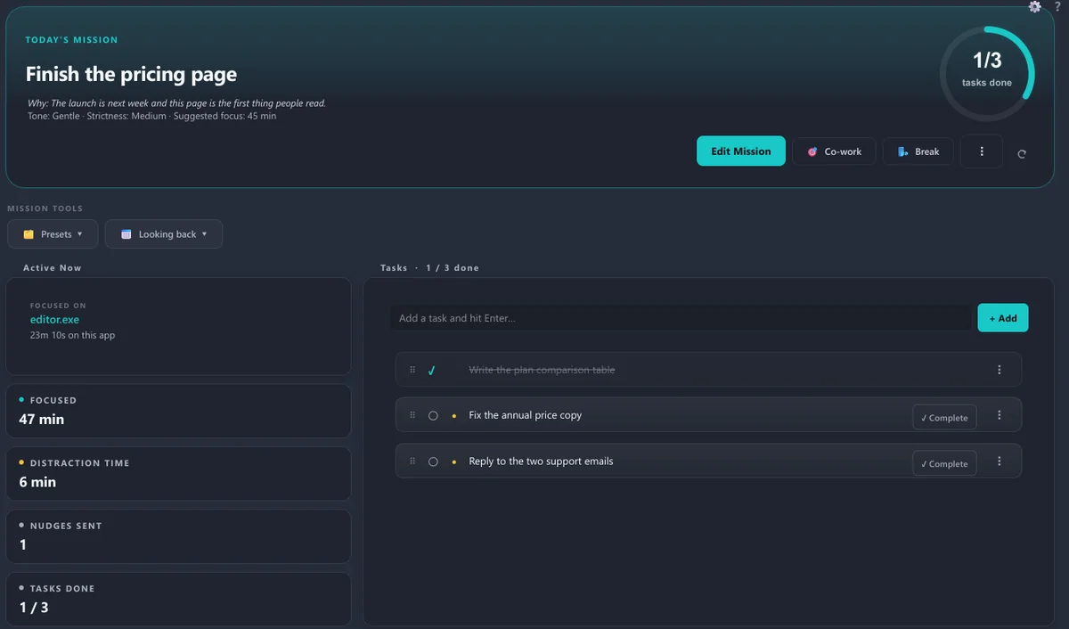 The Today tab: today's mission, Finish the pricing page, with its why line and the task list under it, one task done and two open.